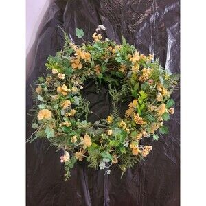 17 " Wreath Green Fern Ivy Yellow Poppy And Berries, 13" Grapevine Inside Base
